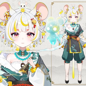 May include: Anime-style illustration of a character with mouse ears, white hair with yellow highlights, and red eyes. The character wears a teal and white outfit with gold accents and holds a bell. A smaller version of the character is shown to the right.