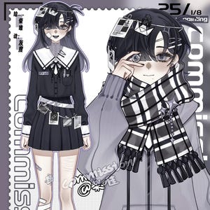 Könnte beinhalten: Anime-Illustration einer Person in Schuluniform und einem grauen Kapuzenpullover. Die Person hat schwarzes Haar, einen schwarz-weißen Schal und trägt einen Rock. Das Bild hat Text in den oberen linken und rechten Ecken, und das Wort "Commission" ist vertikal gedruckt.