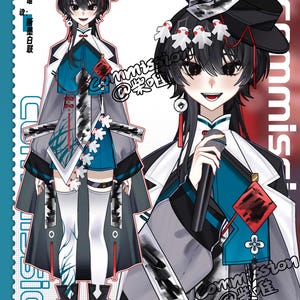 Può includere: Un'illustrazione digitale di una persona che indossa un abito bianco e nero con un motivo blu e bianco. La persona ha i capelli neri e gli occhi rossi. La persona tiene un microfono. L'immagine contiene il testo "Commission" e "@樂佳".