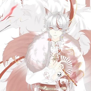 Könnte beinhalten: Ein weißer und roter Anime-Charakter mit Fuchsohren und einem weiß-roten Fuchsschwanz. Der Charakter trägt einen weißen und roten Kimono mit einem weißen Pelzkragen. Der Charakter hält einen roten und goldenen Fächer.