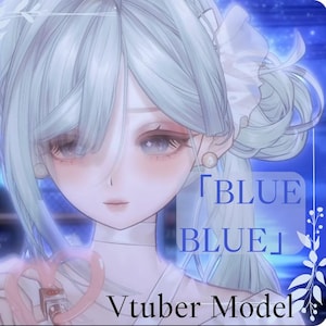 Peut inclure: Une illustration numérique d'un personnage aux cheveux bleu clair coiffés en queue de cheval avec un nœud blanc. Le personnage a de grands yeux, des boucles d'oreilles en perles et un tour de cou. Le texte "BLUE BLUE" et "Vtuber Model" est présent.