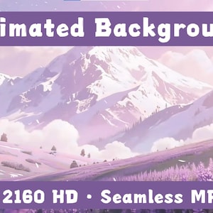 May include: Animated background image featuring a mountain range with snow-capped peaks and a field of lavender flowers. The image has a soft, pastel color palette. Text at the top reads "Animated Background" and at the bottom "3830 x 2160 HD • Seamless MP4 Loop".