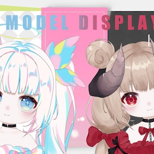 Könnte beinhalten: Zwei Anime-Charaktere, einer mit einem Heiligenschein und Flügeln, der andere mit Hörnern und einer roten Schleife, vor einem bunten Hintergrund mit dem Text "MODEL DISPLAY".