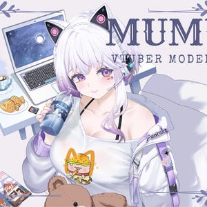 May include: An anime-style illustration of a character with white and purple hair wearing cat ears and a headset. The character wears a white shirt with a burger graphic and holds a water bottle. Text reads MUMU VTUBER MODEL and Pancake.