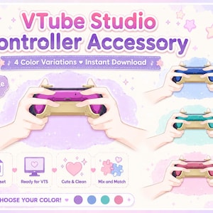 Op de afbeelding: Een VTube Studio Controller-accessoire digitaal bestand met vier kleurvariaties: paars, blauw, taling en roze. De afbeelding toont een gamecontroller in handen, met de tekst VTube Studio Controller Accessory, 4 Color Variations, Instant Download, PNG Asset, Ready for VTS, Cute & Clean, Mix and Match, en CHOOSE YOUR COLOR!