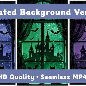 Puede incluir: Imagen de fondo animada con tres paneles verticales. Cada panel muestra una ventana con una silueta de castillo, murciélagos y gatos. Los colores de fondo son azul, verde y morado. El texto en la parte superior dice "Animated Background Vertical". El texto inferior dice "2K QHD Quality • Seamless MP4 Loop".