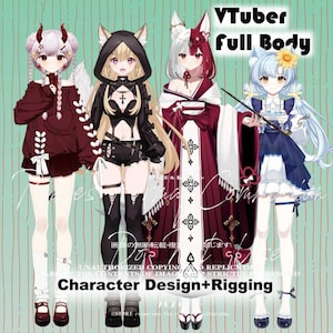 Könnte beinhalten: Vier Anime-Charaktere mit verschiedenen Frisuren und Outfits. Die Charaktere stehen vor einem grün-weiß gestreiften Hintergrund. Der Text "VTuber Full Body" befindet sich oben im Bild. Der Text "Character Design + Rigging" befindet sich unten im Bild.