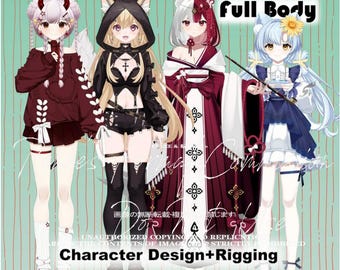 May include: Four anime characters with different hairstyles and outfits. The characters are standing in front of a green and white striped background. The text "VTuber Full Body" is at the top of the image. The text "Character Design + Rigging" is at the bottom of the image.