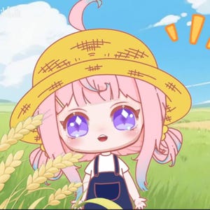 May include: A cartoon illustration of a girl with pink hair wearing a yellow straw hat and blue overalls. She has large purple eyes and is standing in a field of wheat.