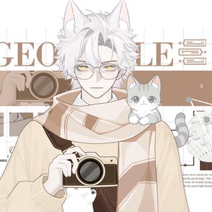 Puede incluir: Un personaje de anime con cabello blanco y orejas de gato, que lleva un suéter beige y una bufanda, sosteniendo una cámara. Un pequeño gato gris y blanco se sienta en el hombro del personaje. El fondo presenta un mapa y el texto "PIGEONHOLE".