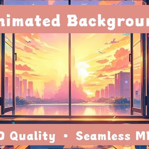 Könnte beinhalten: Ein animiertes Hintergrundbild mit einer Stadtlandschaft bei Sonnenuntergang. Die Szene zeigt ein großes Fenster mit Blick auf ein Gewässer und Gebäude. Der Text oben lautet "Animated Background", und unten "2K QHD Quality • Seamless MP4 Loop".