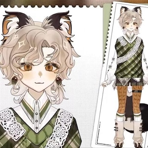 Op de afbeelding: Een cartoonillustratie van een persoon met bruin haar en kattenoren die een groen-wit geruit overhemd draagt met een witte kanten kraag en een wit shirt eronder.