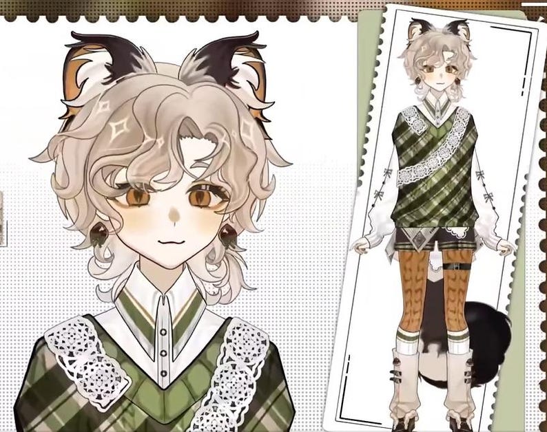 Op de afbeelding: Een cartoonillustratie van een persoon met bruin haar en kattenoren die een groen-wit geruit overhemd draagt met een witte kanten kraag en een wit shirt eronder.
