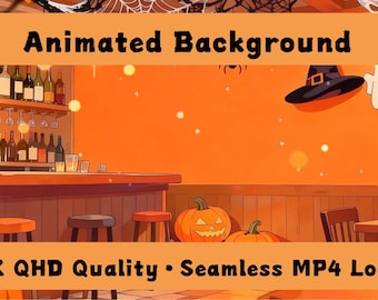 Animated Pumpkin Tavern VTuber Background – Halloween Bar Scene (Loop Video)