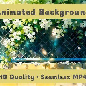 May include: An animated background featuring a fence with a blue frame, adorned with white flowers and green leaves. The image has the text "Animated Background" and "2K QHD Quality • Seamless MP4 Loop".