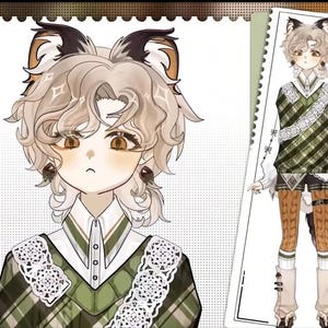 Op de afbeelding: Een cartoonillustratie van een persoon met bruin haar en kattenoren die een groen-wit geruite trui draagt met een witte kantversiering. De persoon heeft een lichtbruine huidskleur en bruine ogen.