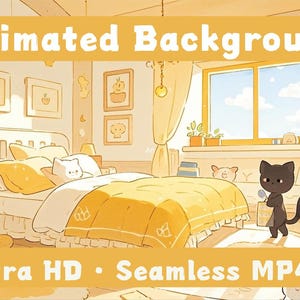 Puede incluir: Ilustración de fondo animado de un dormitorio en tonos amarillos y blancos. La escena incluye una cama, una ventana y un personaje de gato negro. El texto en la parte superior dice "Animated Background" y en la inferior "4k Ultra HD • Seamless MP4 Loop".