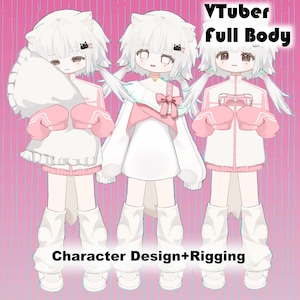Könnte beinhalten: Drei Cartoon-Charakterdesigns mit weißen Haaren und Katzenohren, die verschiedene Outfits in Weiß und Rosa tragen. Das Bild enthält den Text "VTuber full Body" und "Character Design+Rigging" auf rosa Hintergrund.