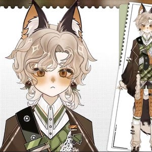 Op de afbeelding: Illustratie van een cartoonfiguur met bruine en zwarte kattenoren, lichtbruin haar en bruine ogen. Het personage draagt ​​een groen-wit overhemd met kraag, een bruin jack en een zwarte band over de borst. Het personage heeft een droevige uitdrukking.