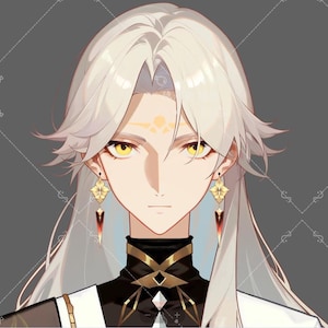 Könnte beinhalten: Ein Porträt einer Person mit langen weißen Haaren, die ein schwarzes und goldenes Outfit mit einem dekorativen Kragen trägt. Sie hat gelbe Augen und trägt goldene Ohrringe mit roten und schwarzen Akzenten.
