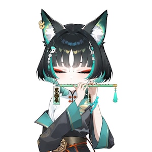 K&ouml;nnte beinhalten: Anime-Illustration eines Charakters mit schwarzen Haaren, t&uuml;rkisfarbenen Akzenten und Fuchsohren, der eine gr&uuml;ne Fl&ouml;te spielt. Der Charakter tr&auml;gt ein schwarz-t&uuml;rkisfarbenes Outfit mit goldenen und orangefarbenen Akzenten.