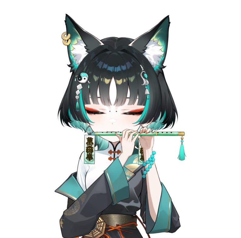 K&ouml;nnte beinhalten: Anime-Illustration eines Charakters mit schwarzen Haaren, t&uuml;rkisfarbenen Akzenten und Fuchsohren, der eine gr&uuml;ne Fl&ouml;te spielt. Der Charakter tr&auml;gt ein schwarz-t&uuml;rkisfarbenes Outfit mit goldenen und orangefarbenen Akzenten.