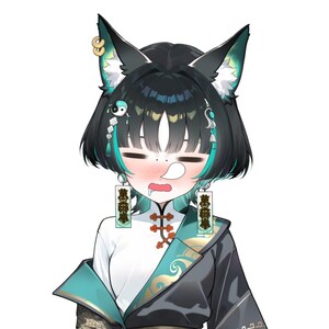 K&ouml;nnte beinhalten: Ein Anime-Charakter mit schwarzen Haaren, Fuchsohren und t&uuml;rkisfarbenen Akzenten. Die Figur tr&auml;gt ein wei&szlig;es Hemd, eine schwarz-t&uuml;rkisfarbene Jacke und Ohrringe mit chinesischen Schriftzeichen. Der Gesichtsausdruck der Figur ist leicht verlegen.