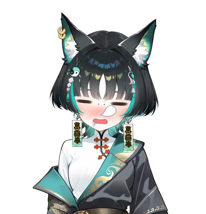 K&ouml;nnte beinhalten: Ein Anime-Charakter mit schwarzen Haaren, Fuchsohren und t&uuml;rkisfarbenen Akzenten. Die Figur tr&auml;gt ein wei&szlig;es Hemd, eine schwarz-t&uuml;rkisfarbene Jacke und Ohrringe mit chinesischen Schriftzeichen. Der Gesichtsausdruck der Figur ist leicht verlegen.