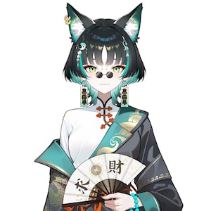K&ouml;nnte beinhalten: Digitale Illustration eines Charakters mit schwarzen und tealfarbenen Haaren, Katzenohren und runden Gl&auml;sern. Der Charakter tr&auml;gt ein wei&szlig;es und rotes Oberteil im chinesischen Stil, eine teal- und schwarze Robe und h&auml;lt einen F&auml;cher mit chinesischen Schriftzeichen.