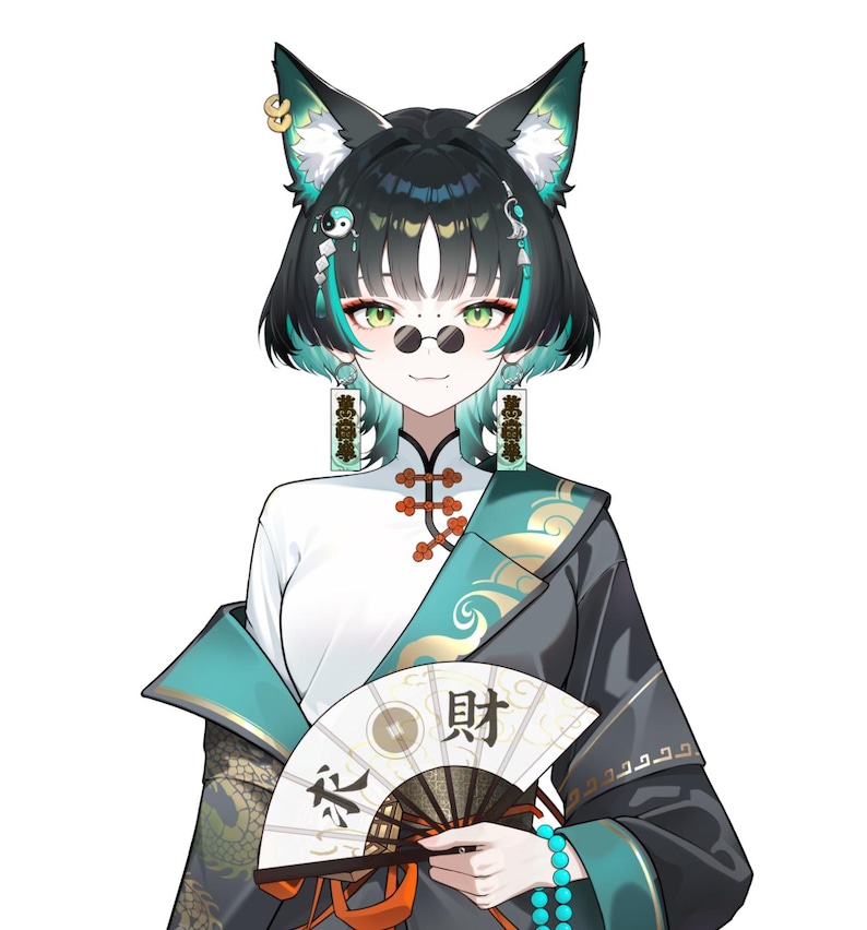 K&ouml;nnte beinhalten: Digitale Illustration eines Charakters mit schwarzen und tealfarbenen Haaren, Katzenohren und runden Gl&auml;sern. Der Charakter tr&auml;gt ein wei&szlig;es und rotes Oberteil im chinesischen Stil, eine teal- und schwarze Robe und h&auml;lt einen F&auml;cher mit chinesischen Schriftzeichen.