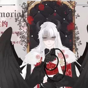 May include: A white-haired character with black horns and wings, wearing a red and black outfit, holds a black whip in front of a dark background with red roses. The text "Immemorial" and "Timeless Covenant" is visible in the image.