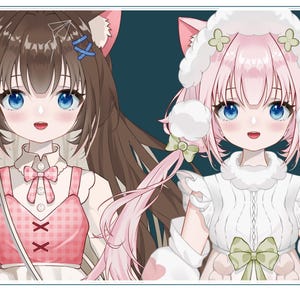 May include: Two anime-style characters with cat ears. The character on the left has brown hair and is wearing a pink and white checkered dress. The character on the right has pink hair and is wearing a white sweater with a green bow.
