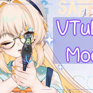 Puede incluir: Ilustración de estilo anime de un personaje rubio con gafas sosteniendo un arma futurista. La imagen incluye el texto "VTuber Model" en un cuadro morado, con un fondo de estrellas y texto.