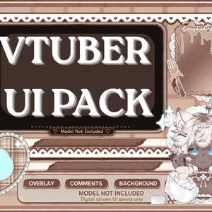 May include: A digital VTuber UI pack featuring a brown and white color scheme with a large text box labeled VTUBER UI PACK. It includes a comments section with fork and knife icons, a heart-shaped frame, and an illustration of a character.