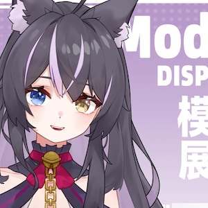 May include: A digital illustration of a purple-haired anime character with blue and yellow eyes wearing a black and red outfit with a gold chain. The text "Model Display" and "模型展示" is in the background.