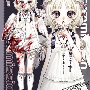 Può includere: Illustrazione digitale di un personaggio anime femminile con ali d'angelo, che indossa un vestito bianco con schizzi simili a sangue. Il personaggio ha capelli chiari, un choker e una collana a croce. L'immagine include testo in giapponese.