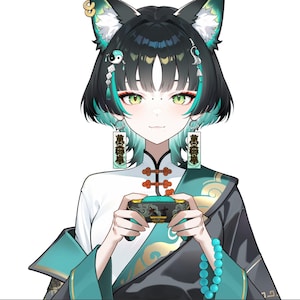 K&ouml;nnte beinhalten: Anime-Figur mit schwarzen Haaren, t&uuml;rkisfarbenen Highlights und Katzenohren. Die Figur tr&auml;gt ein wei&szlig;es Hemd, einen schwarzen und t&uuml;rkisfarbenen Robe und h&auml;lt eine verzierte Box. Ohrringe und ein Perlenarmband. Die &Auml;sthetik ist vom japanischen Anime inspiriert.