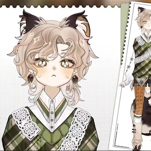 Op de afbeelding: Een digitale illustratie van een cartoonfiguur met kattenoren, die een groen-wit geruite trui draagt met een kantkraag. Het personage heeft blond haar en bruine ogen.