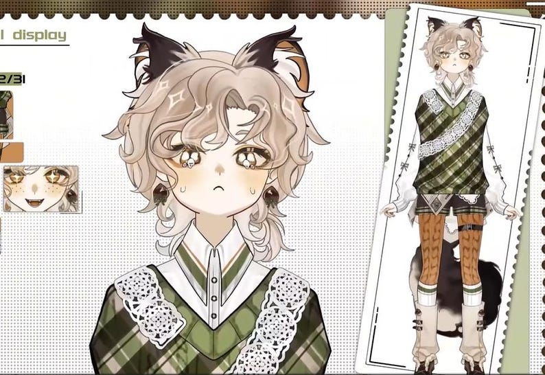 Op de afbeelding: Een digitale illustratie van een cartoonfiguur met kattenoren, die een groen-wit geruite trui draagt met een kantkraag. Het personage heeft blond haar en bruine ogen.