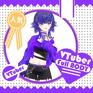 Puede incluir: Una ilustración digital de un personaje femenino de anime con cabello azul y ropa morada. El personaje sostiene un micrófono y está de pie frente a un corazón morado con el texto "VTuber Full Body".