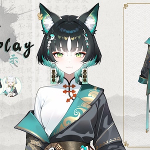 Könnte beinhalten: Eine digitale Illustration einer Figur mit grünen Haaren und Katzenohren, die ein schwarzes und türkisfarbenes chinesisches Outfit trägt. Die Figur hat grüne Augen und einen hellen Teint. Das Bild ist vor dem Hintergrund eines traditionellen chinesischen Gemäldes.
