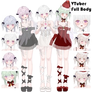 Könnte beinhalten: Eine digitale Illustration mit drei Charakteren im Anime-Stil mit unterschiedlichen Haarfarben und Outfits. Die Charaktere sind in verschiedenen Posen, mit detaillierten Gesichtszügen und Accessoires. Der Text "VTuber full Body" ist enthalten.