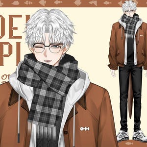Könnte beinhalten: Ein Anime-Charakter mit weißen Haaren, der eine braune Jacke, ein weißes Kapuzen-Sweatshirt und einen schwarz-weiß karierten Schal trägt. Der Charakter zwinkert und hat einen freundlichen Ausdruck. Das Bild enthält auch vier kleinere Bilder des Charakters mit verschiedenen Ausdrücken.