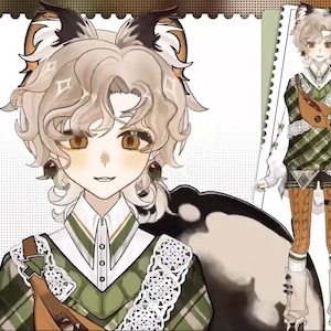 Op de afbeelding: Een cartoonillustratie van een persoon met een kattenachtig uiterlijk die een groen-wit geruit overhemd draagt met een bruine leren band en een witte kanten kraag. De persoon heeft blond haar en bruine ogen. De achtergrond is een wit-groen ruitpatroon.