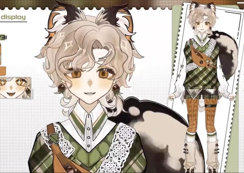 Op de afbeelding: Een cartoonillustratie van een persoon met een kattenachtig uiterlijk die een groen-wit geruit overhemd draagt met een bruine leren band en een witte kanten kraag. De persoon heeft blond haar en bruine ogen. De achtergrond is een wit-groen ruitpatroon.