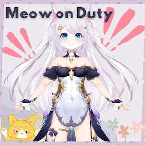 Könnte beinhalten: Anime-Illustration mit einer Figur mit langen weißen Haaren, blauen Augen und einem Maid-Outfit. Der Text "Meow on Duty" steht oben. Ein gelber Katzen-Cartoon befindet sich unten links, und rosa Akzente sind an den Seiten.
