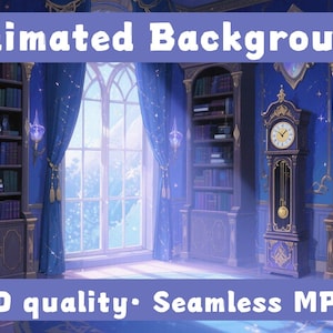 May include: Animated background image of a fantasy library with bookshelves, a grandfather clock, and a large window. The scene is in shades of blue and gold, with the text "Animated Background" and "2K QHD quality. Seamless MP4 Loop".