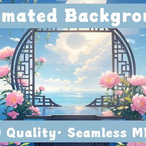 Könnte beinhalten: Animierter Hintergrund mit einer asiatisch inspirierten Landschaft. Es zeigt einen dekorativen Torbogen, rosa Blumen und Pagoden, die sich im Wasser spiegeln. Der Text lautet "Animated Background" und "2K QHD Quality • Seamless MP4 Loop."