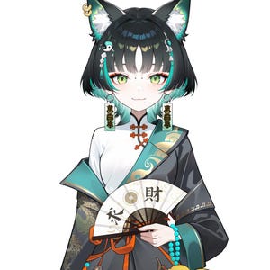 K&ouml;nnte beinhalten: Ein Anime-Charakter mit schwarzen Haaren und t&uuml;rkisfarbenen Highlights, der ein traditionelles chinesisches Outfit tr&auml;gt. Die Figur hat fuchs&auml;hnliche Ohren und h&auml;lt einen F&auml;cher mit chinesischen Schriftzeichen. Das Outfit ist schwarz und t&uuml;rkis, mit goldenen Akzenten und einem wei&szlig;en Hemd.