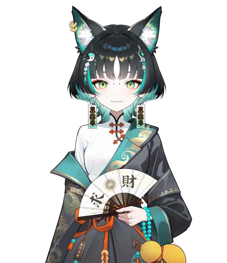K&ouml;nnte beinhalten: Ein Anime-Charakter mit schwarzen Haaren und t&uuml;rkisfarbenen Highlights, der ein traditionelles chinesisches Outfit tr&auml;gt. Die Figur hat fuchs&auml;hnliche Ohren und h&auml;lt einen F&auml;cher mit chinesischen Schriftzeichen. Das Outfit ist schwarz und t&uuml;rkis, mit goldenen Akzenten und einem wei&szlig;en Hemd.